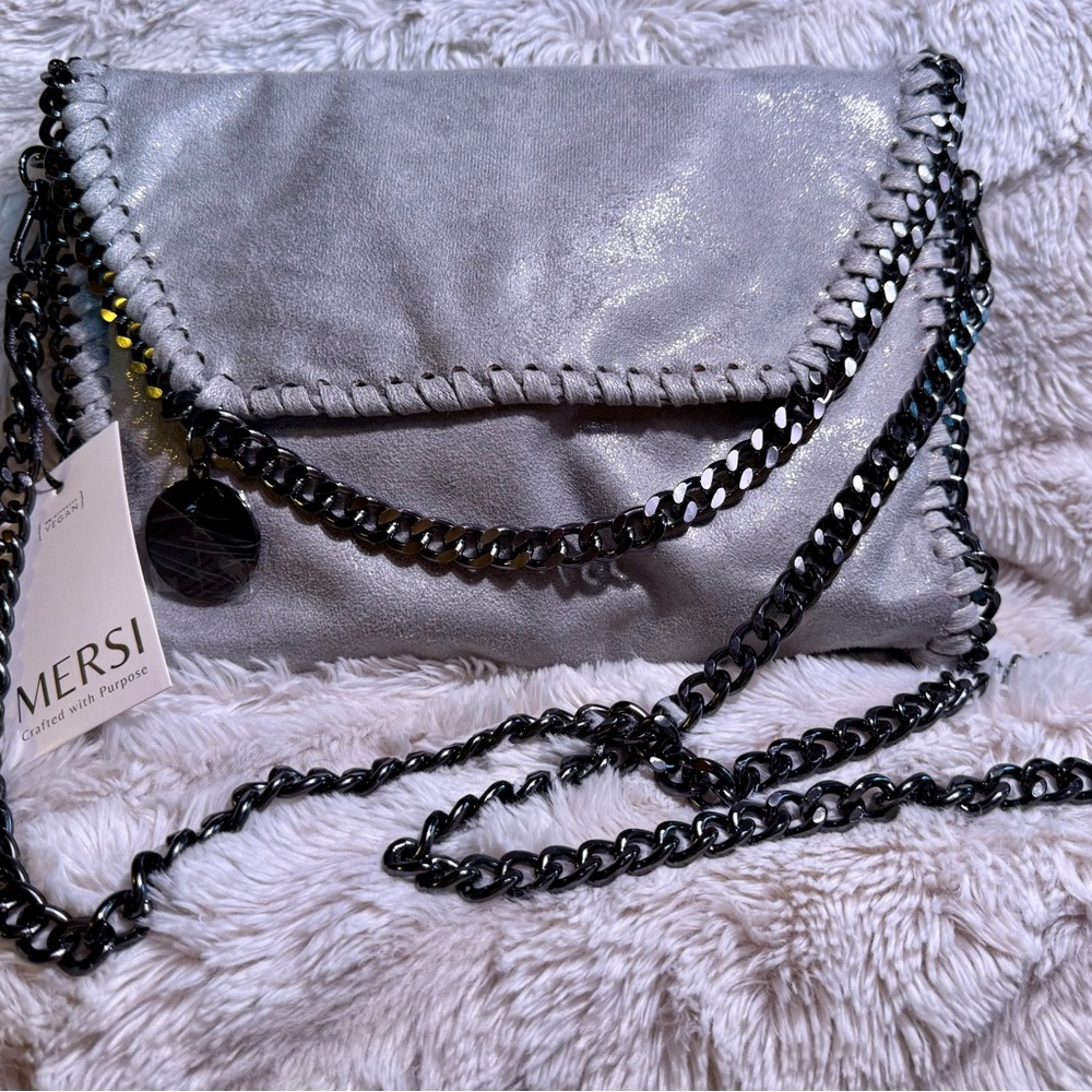 Mersi Metallic Silver Vegan Leather Foldover Chain Crossbody Clutch NWT